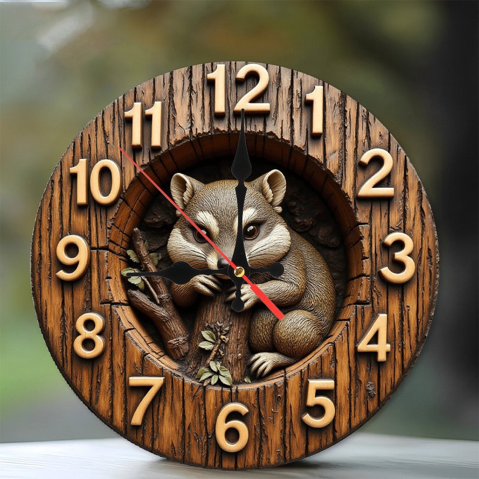 Wooden Animal Wall Clock with Raccoon Design 10-Inch Silent Wooden Wall ...