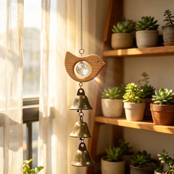 Wooden Animal Wind Chime Sun Catcher, Natural Log Crystal Copper Bell for Garden Patio