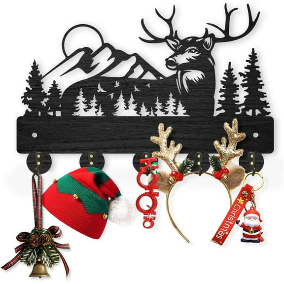 Wooden Antler Wall Coat Rack with 5 Hooks Black Forest Deer Design 11.8x8 Inch Key Holder & Organizer for Entryway Hall Living Room Office Decor diy
