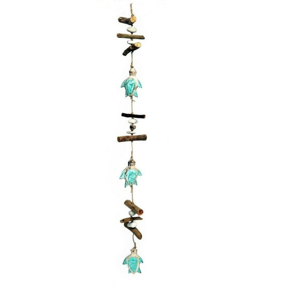 Wooden Aqua Three Turtle Strand With Driftwood and Stone Mobile
