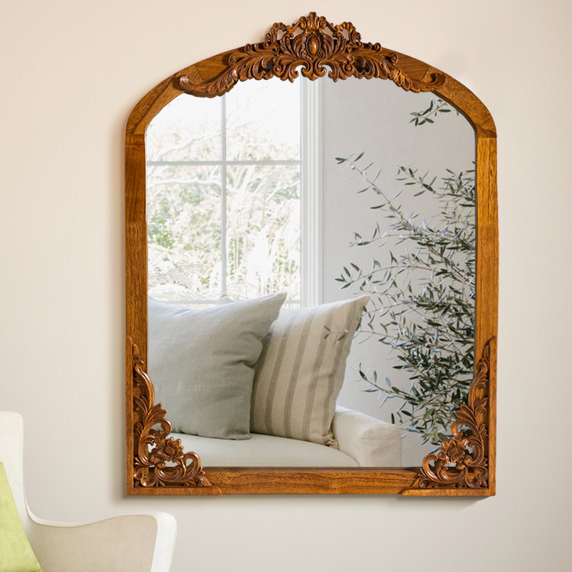Wooden Arch Mirror Wall Mirror Vintage Decorative Mirror for Living Room Bedroom 40"x28",Gold