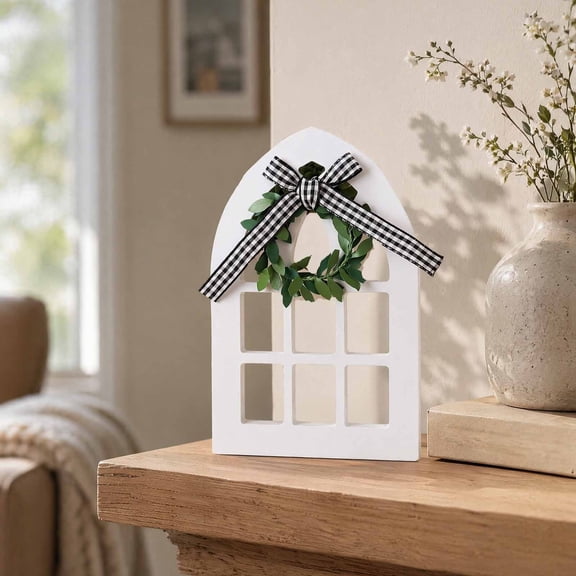 Wooden Arch Window Tabletop Decor Rustic Wreath Display Ornament Farmhouse Style Mini Arch Frame Home Living Room Shelf Entryway Mantel Desk Decoration Gift Accent Collectible Display