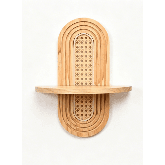 Wooden Arched Floating Shelf, Rattan Plant Shelf, Boho Wall Decor, Natural Wood Shelves for Living Room Bedroom Kitchen Home Office