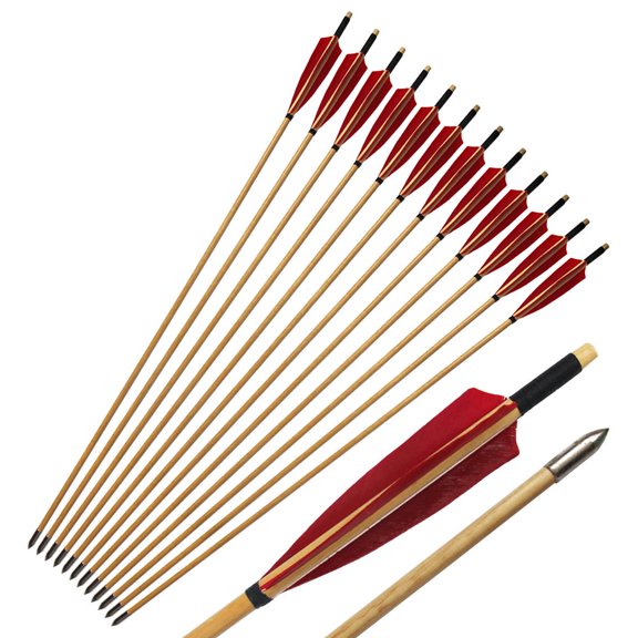 Wooden Archery Arrows with Turkey Fletching for Recurve Longbow Practice, Red
