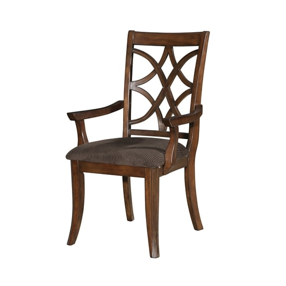 Wooden Arm Chair with Fabric Padded Seat and Lattice Design Backrest Brown Set of Two - Saltoro Sherpi