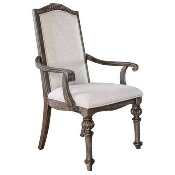 Wooden Arm Chair with Ivory Fabric Cushion Seat & back, Rustic Brown, Pack of 2- Saltoro Sherpi