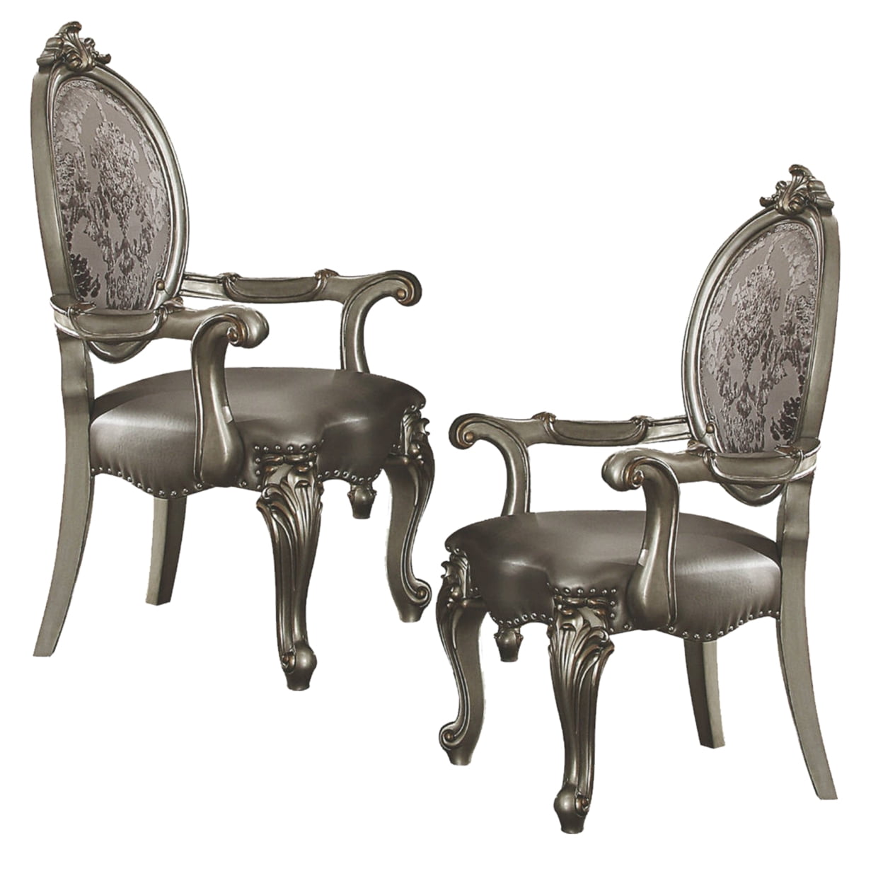 Antique Silver Floral Armchair with Faux Leather Cushion and Wood Frame