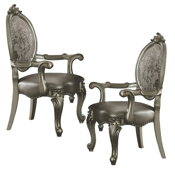 Wooden Arm Chairs with Fabric Upholstered Back and Leatherette Seat Silver Set of Two - Saltoro Sherpi
