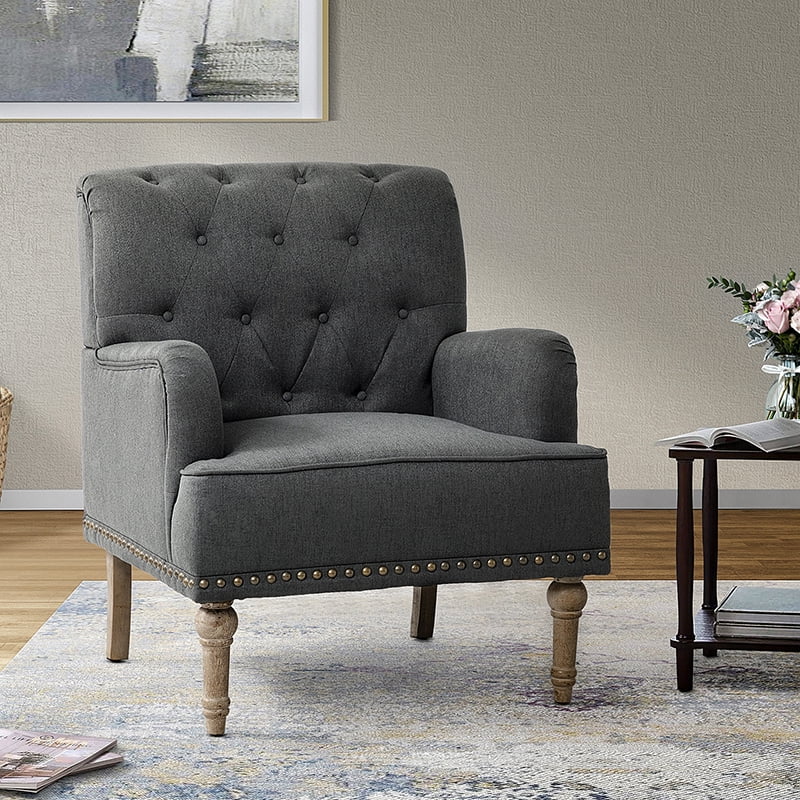 Wooden Armchair Nailhead Trim Carved Legs Comfy Accent Chair Tufted