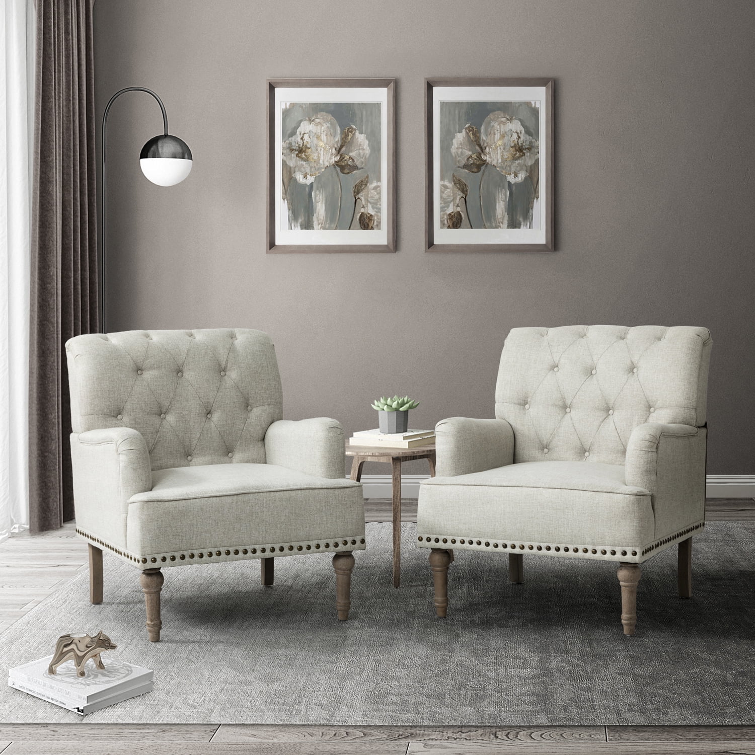 Wooden Armchair Set of 2 Nailhead Trim Carved Legs Tufted Back Home Living Room Light Grey