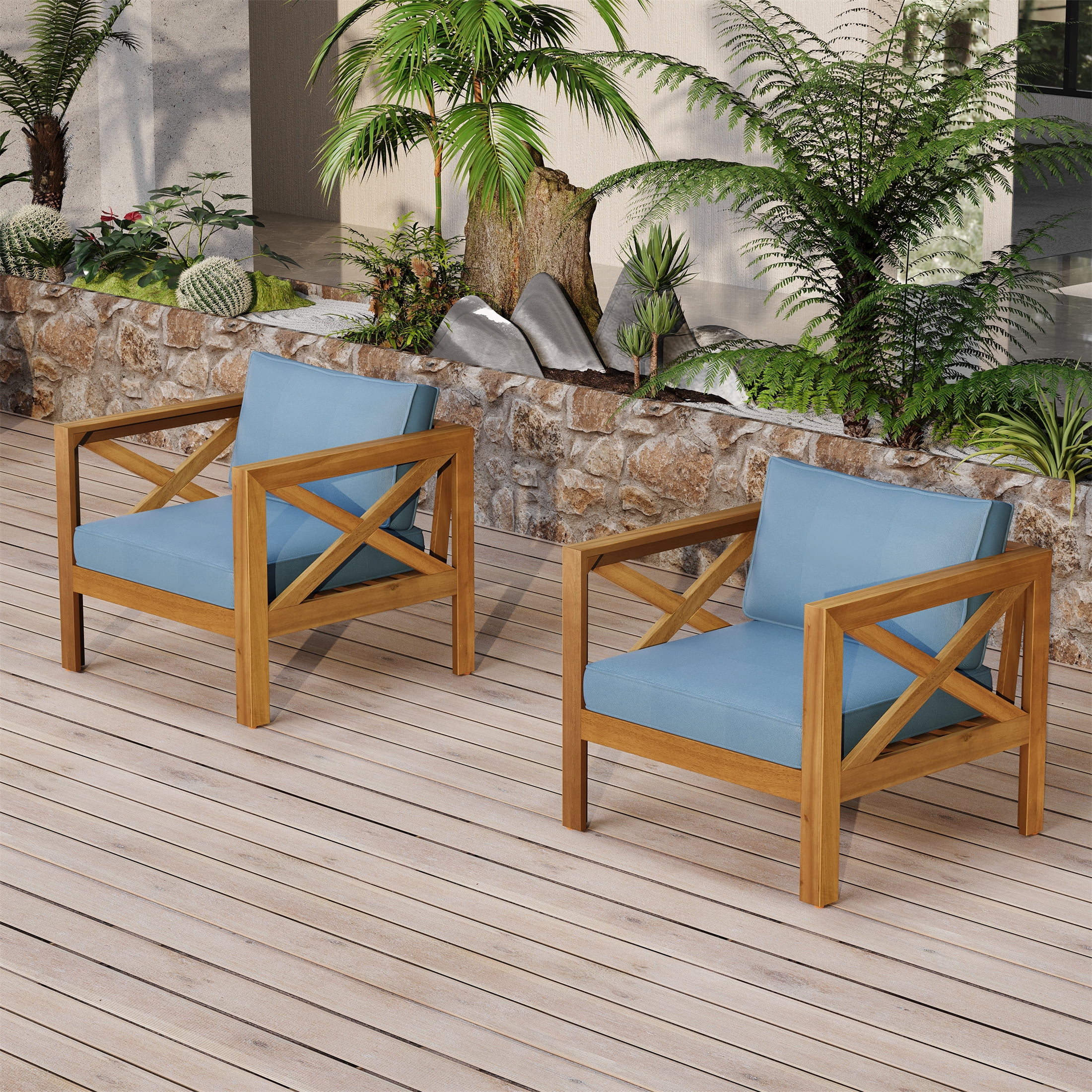 Wooden Armchair Set of 2, Outdoor Acacia Wood Club Chair with Cushions for Patio Garden, Teak and Blue