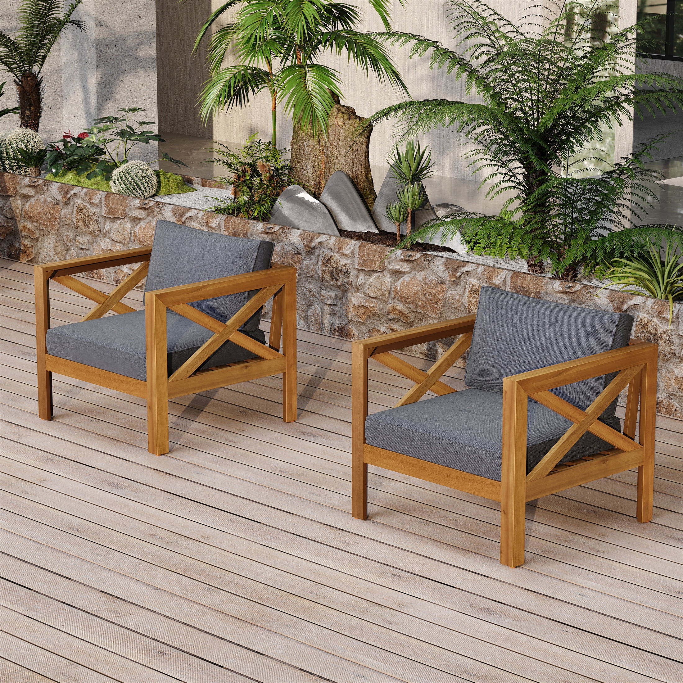 Wooden Armchair Set of 2, Outdoor Acacia Wood Club Chair with Cushions for Patio Garden, Teak and Dark Grey