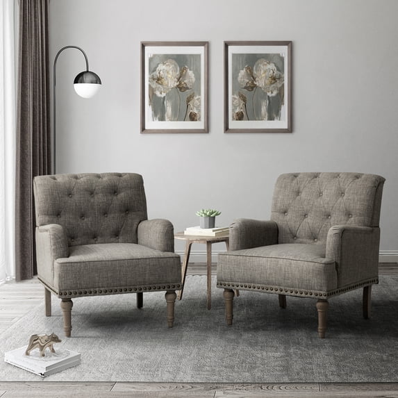 Wooden Armchairs set of 2 Nailhead Trim Carved Legs Comfy Accent Chair Tufted Back Home Living Room Grey