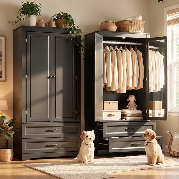 Wooden Armoire Wardrobe with Full-Length Mirror Door, 2 Drawers & Hanging Rod - Adjustable Mirror Position (Left/Right), Anti-Tip Device, Clothing Storage Cabinet for Living Room, Black