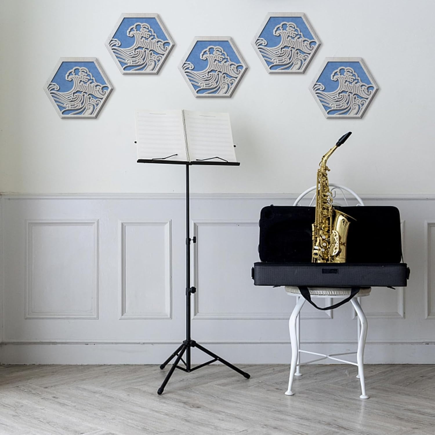 Wooden Art Acoustic Panels Sea Waves Cutout Blue Felt Design Soundproof