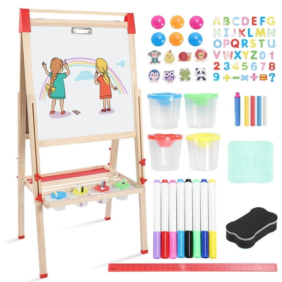 Wooden Art Easel, Adjustable Height Drawing Easel with Double Sided Whiteboard Chalkboard, Foldable Dry Erase Board with Accessories, Perfect Painting Gifts