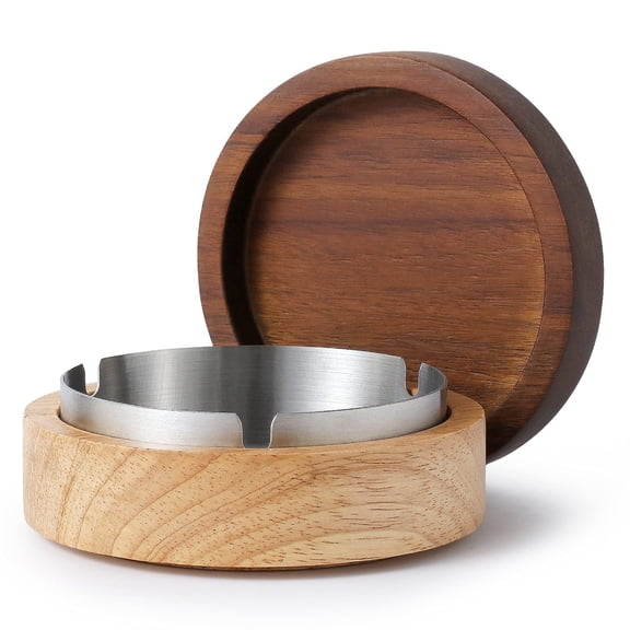 Wooden Ashtray with Lid for Smokers, Stainless Steel Liner Ash Tray, Easy To Clean Cool Ashtrays for Indoor or Outdoor Use, Office & Home