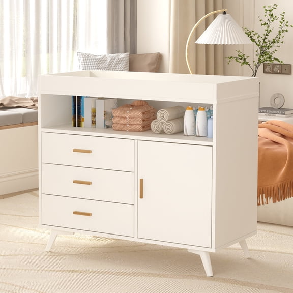 Wooden Baby Changing Table Dresser with Removable Pad Safety Rails & Belt, 3 Drawers & Open Shelf Diaper Station for Nursery & Bedroom