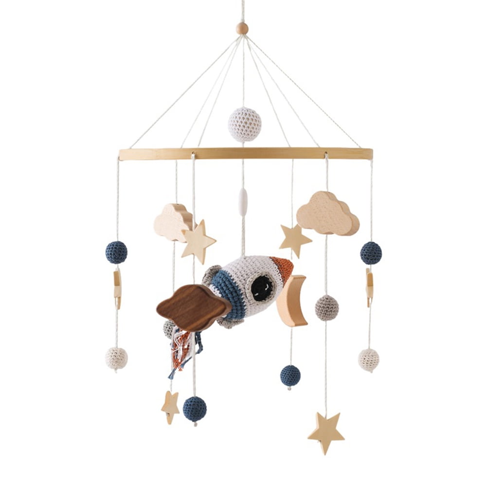 Wooden Baby Crib Bell – Rotating Wind Chime Mobile with Crochet Rainbow & Rocket Pendants, Soothing Hanging Toy for Newborns & Infants