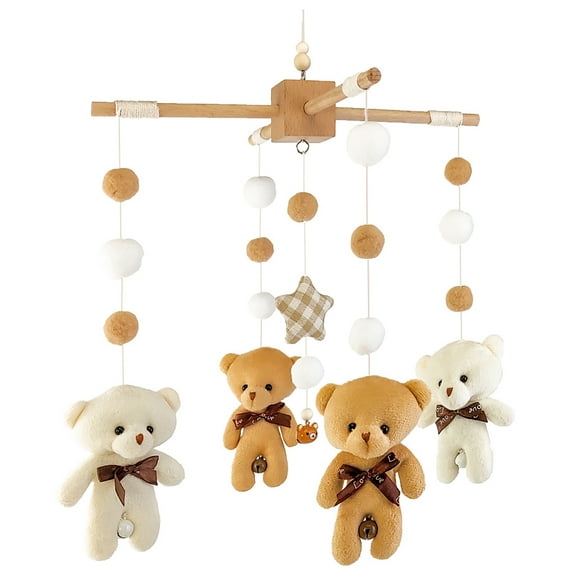 Wooden Baby Crib Mobile, Bear Nursery Mobile with Soft Hanging Pom-Poms, Natural Wood Wind Chime Bed Bell for Infant Sleep & Nursery Dcor