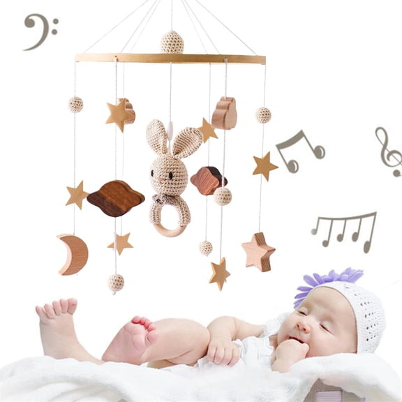 Baby Crib Mobile Wooden Hanging Baby Bed Cute Rabbit Animals Wood Crocheted Mobile Toys for Bedroom Nursery