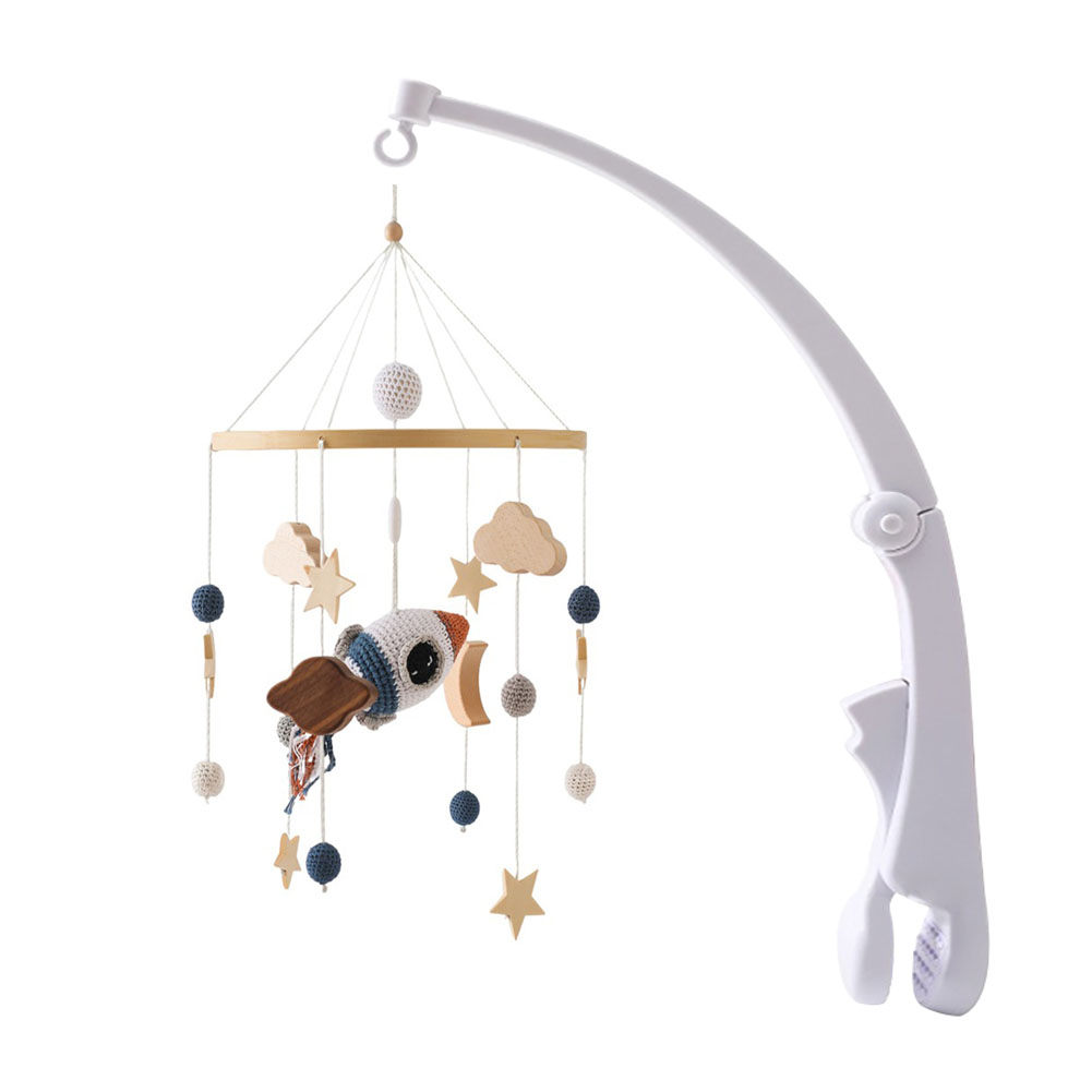 Wooden Baby Crib Mobile with Crochet Rainbow & Rocket Pendants, Rotating Hanging Bed Bell Wind Chime for Newborns