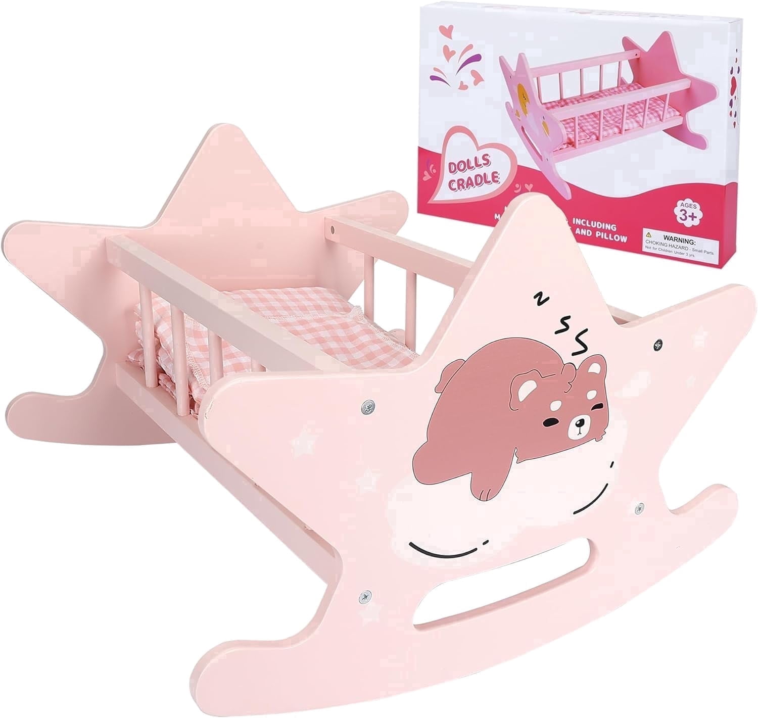 Fugocen Wooden Baby Doll Crib Set, Pink Baby Doll Bed Toys, Gift for Boys Girls Kids
