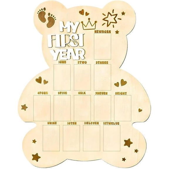 Wooden Baby First Year Photo Board, 12 Month Picture Frame for Kids Growth, Monthly Milestone Display for 1st Birthday Decor, Nursery Home Memory Keepsake(RL Natural Wood Color 1 PC)