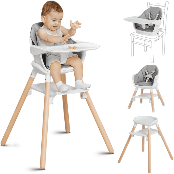 Babyomi Convertible High Chair for 2 Babies, 11-in-1 Wooden Booster with Double Easy-Clean Trays & PU Cushion,White Gray