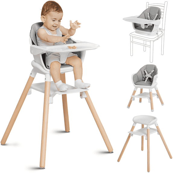Babyomi Convertible High Chair for 2 Babies, 11-in-1 Wooden Booster with Double Easy-Clean Trays & PU Cushion,White Gray