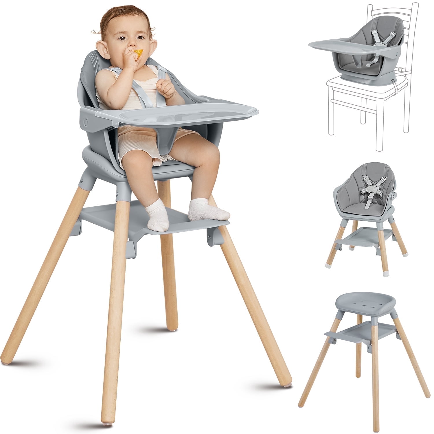 11-in-1 Convertible High Chair for Baby, Wooden Baby Booster seat & Toddler Chair with Double Tray, Clean Easily & PU Cushion.White