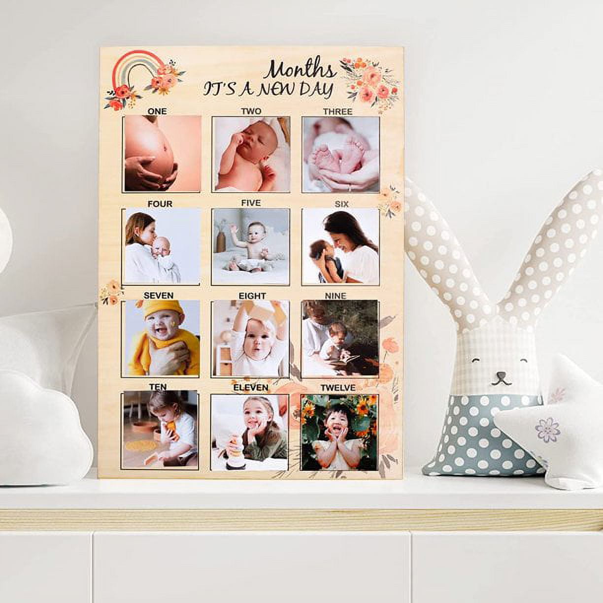 Baby First Birthday Sign | One Year Baby | Milestone Photo Board | 12 Months Baby Collage Sign | Baby Photo Frame - 310323 24 x 12 Inches (FOR 3x3