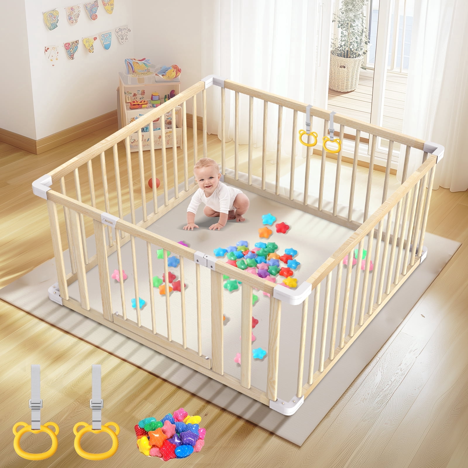Wooden Baby Playpen, Portable Activity Center for Indoor & Outdoor Use, 43x43in Safety Play Yard with Lockable Door, 2 Handles & 30 Ocean Balls