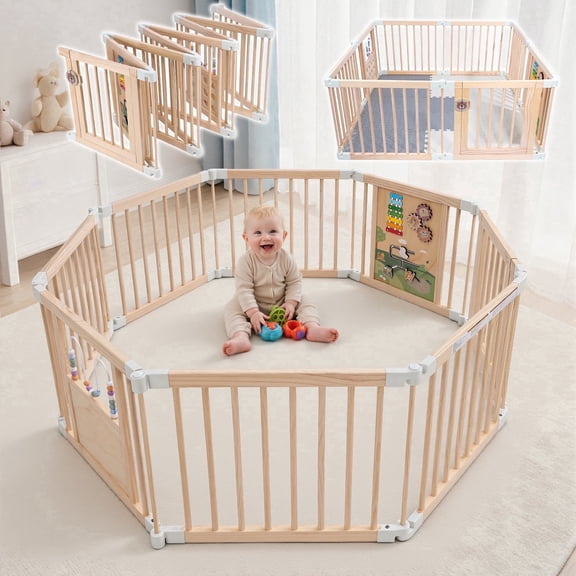 Wooden Baby Playpen with Mat, Activity Center with Gate and 2 Busy Board, Thickened Wood Adjustable Play Yard