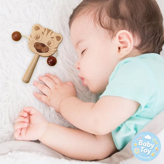 Wooden Baby Rattle Toy, Easy‑Grasp Ergonomic Handle, BPA‑Free Safe Natural Timber, Infant Sensory Teething Toy, Early Educational Hand Shaking Developmental Toy, for Newborn Boy Girl Gift