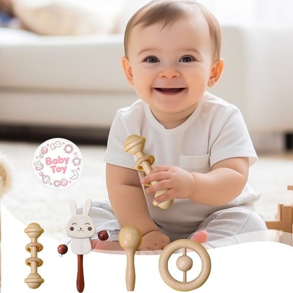 Wooden Baby Rattle Toy, Easy‑Grasp Ergonomic Handle, BPA‑Free Safe Natural Timber, Infant Sensory Teething Toy, Early Educational Hand Shaking Developmental Toy, for Newborn Boy Girl Gift