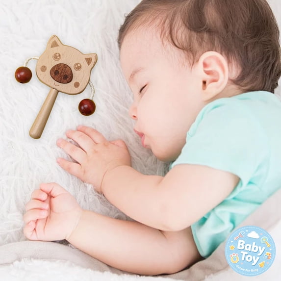 Wooden Baby Rattle Toy, Easy‑Grasp Ergonomic Handle, BPA‑Free Safe Natural Timber, Infant Sensory Teething Toy, Early Educational Hand Shaking Developmental Toy, for Newborn Boy Girl Gift