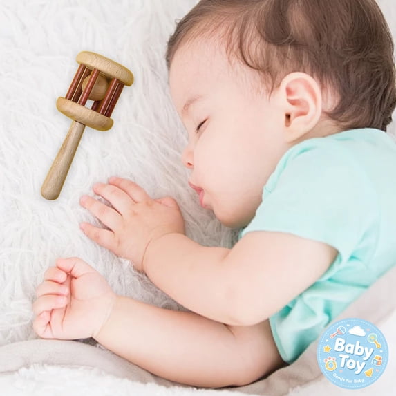 Wooden Baby Rattle Toy, Easy‑Grasp Ergonomic Handle, BPA‑Free Safe Natural Timber, Infant Sensory Teething Toy, Early Educational Hand Shaking Developmental Toy, for Newborn Boy Girl Gift