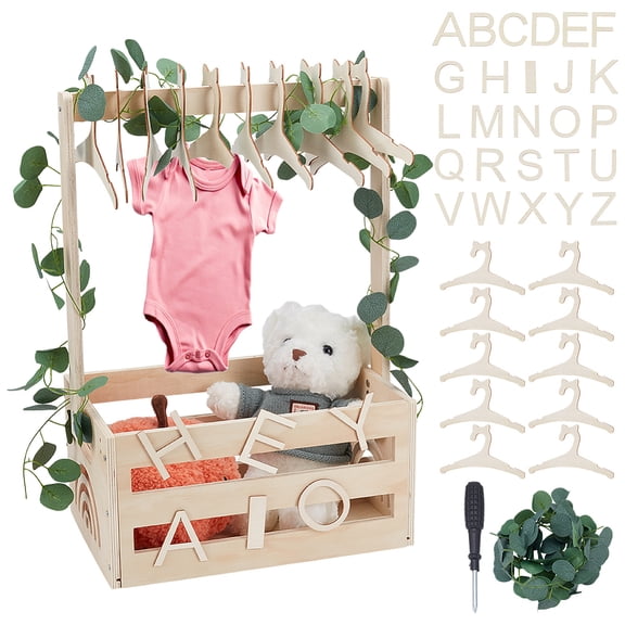Wooden Baby Shower Crate Closet Baby Storage Crate Hamper Shower Party Basket with Handle with 10pcs Kid's Hanger Welcome Baby Gifts Pregnancy Gifts