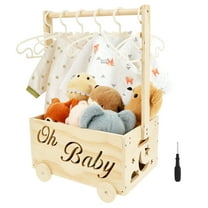 Wooden Baby Shower Crate Closet with Wheels Creative DIY Baby Shower Present Basket with 6 Hangers for Clothes Toys