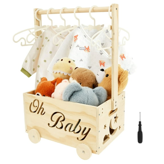 Wooden Baby Shower Crate Closet with Wheels Creative DIY Baby Shower Present Basket with 6 Hangers for Clothes Toys
