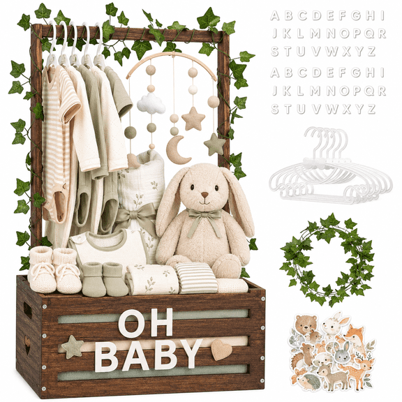 Wooden Baby Shower Gift Crate with Hangers, Large Baby Clothes Storage Box for Newborn Boy or Girl, Baby Closet Organizer and Gift Basket for New ParentsBrown