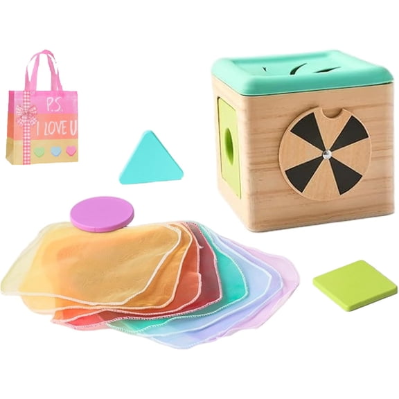 Wooden Baby Tissue Box Sensory Toy - with Silk Scarf & Blocks, Montessori Sensory Play Toy for Infants & Toddlers Z