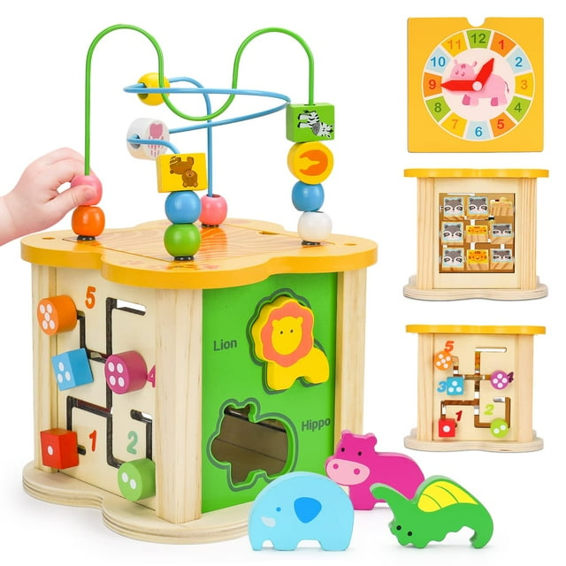 Wooden Baby Toys Activity Cube 6in1 Play Center Bead Maze Animal
