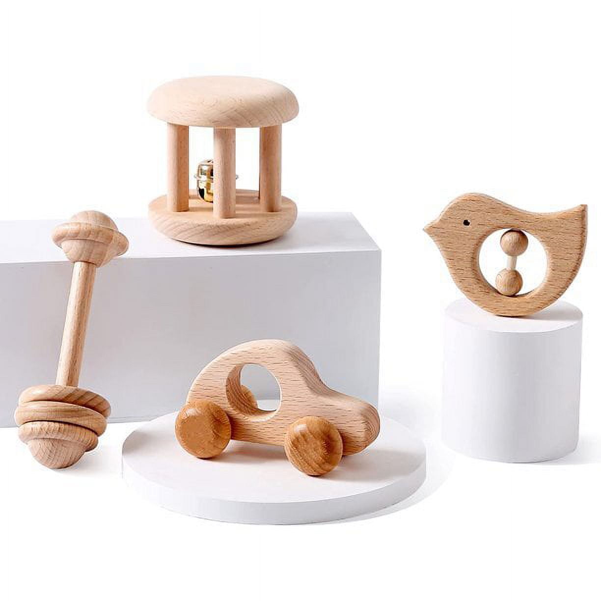Wooden Baby Toys Wooden Rattle 4PC Handmade Natural Organic Preschool Baby  Grasping Toy 