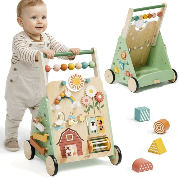 Baby Walker, Wooden Baby Push Walker with Activity Center, Push Walker Toys for Toddler Learning to Walk & Sit-to-Stand, Walking Toys for 1 Year Old