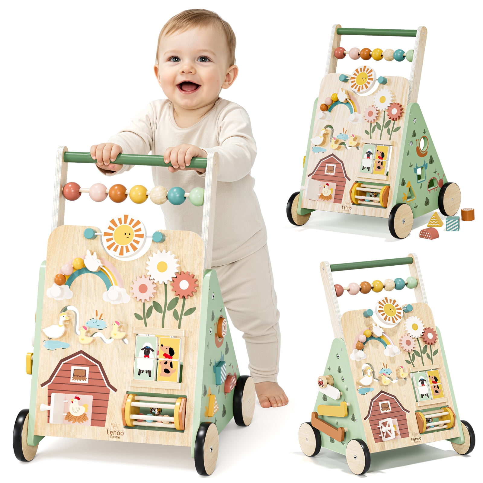 Baby Walker, Wooden Baby Push Walker with Activity Center, Push Walker Toys for Toddler Learning to Walk & Sit-to-Stand, Walking Toys for 1 Year Old