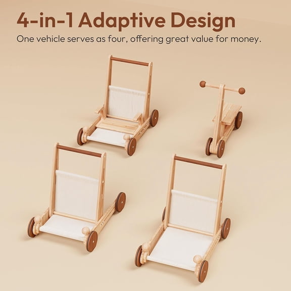 Wooden Baby Walker, 4-in-1 Montessori Baby Push Walker, Adjustable Speed Baby Push Toys, Wood Balance Bike, Educational Learning to Walk Christmas Toys for Toddler 1 2 3, 1st Birthday Gift