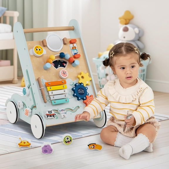 Wooden Baby Walker, Push and Pull Learning Activity Center, Montessori Educational Toy w/Wheels, Storage, Push Walker for Learning to Walk, Toddlers, Boys and Girls 1+ Years Old (Green)
