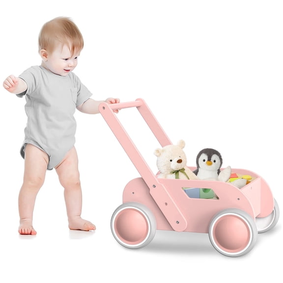 Wooden Baby Walker, Push and Pull Learning Walk Toys for Infants to Toddler, Boys Girls, Gift for Birthday Christmas Pink